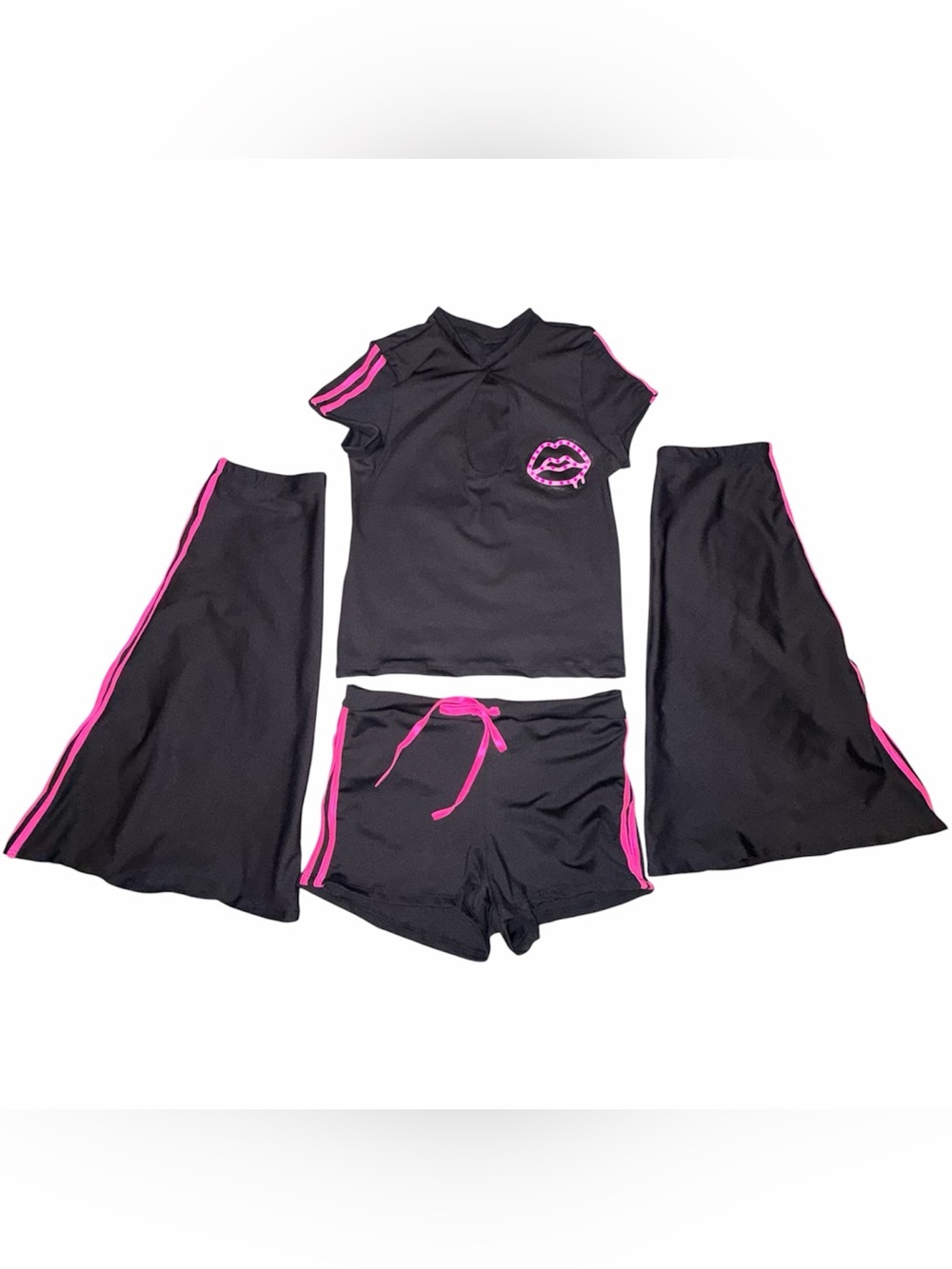 Tasteful Girl S 4 Piece Pink Black Rave Set, Low Rise Shorts, Leg Warmers, Top